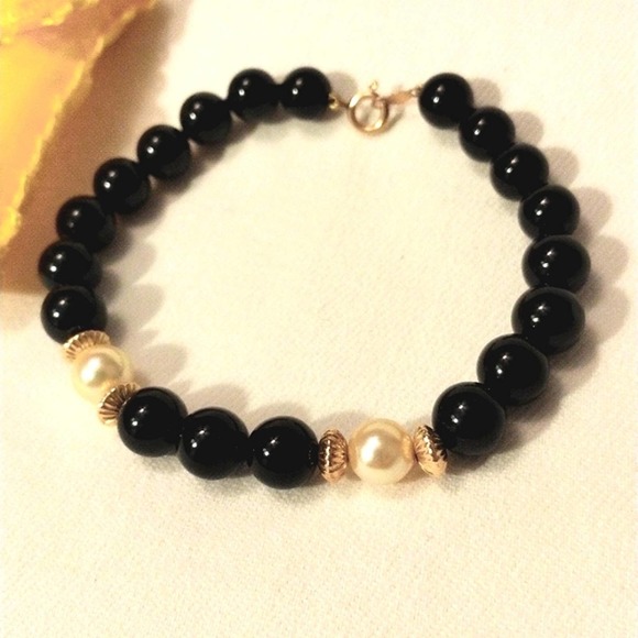REAL Onyx & Pearls 14k 7" Bracelet Vintage never worn - Picture 8 of 10